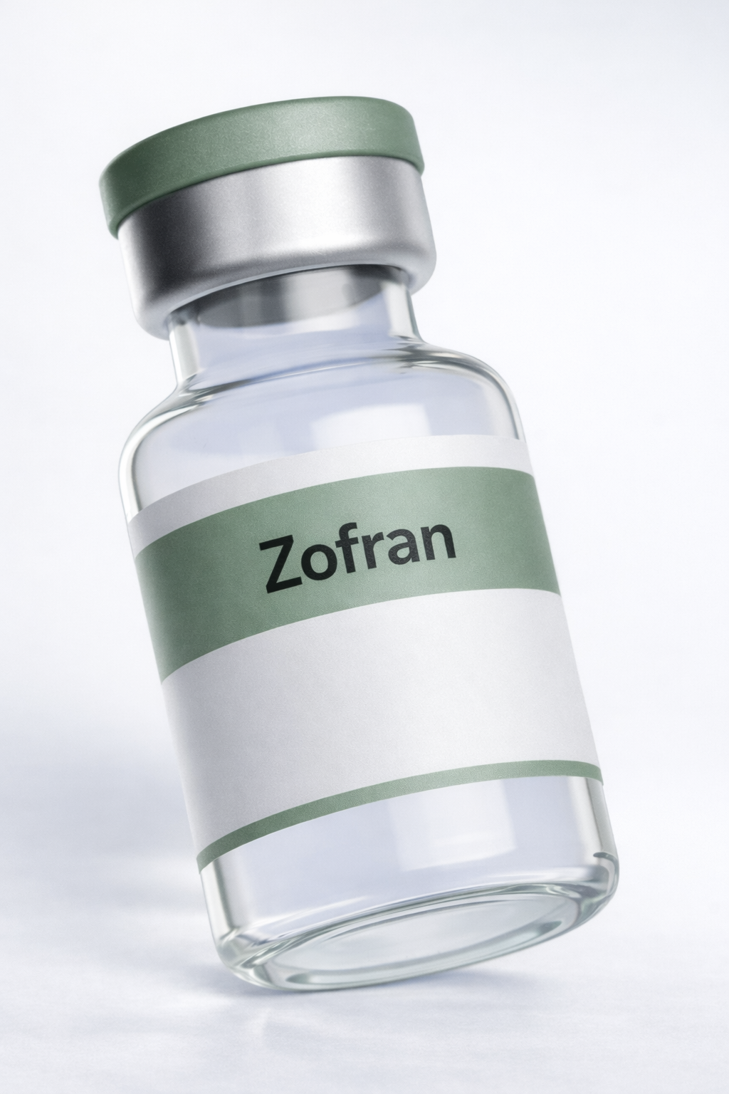 A clear glass vial labeled "Zofran" with a green and gray cap on a white background.