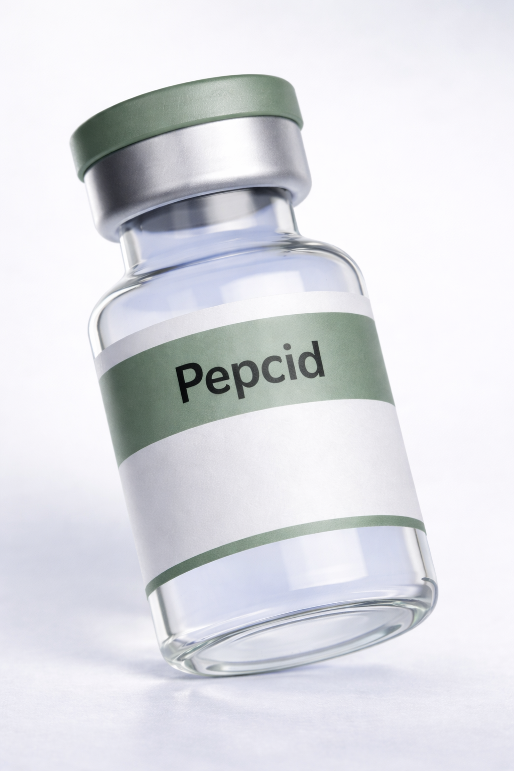 A glass vial with a green and silver lid labeled 'Pepcid' on a white background.
