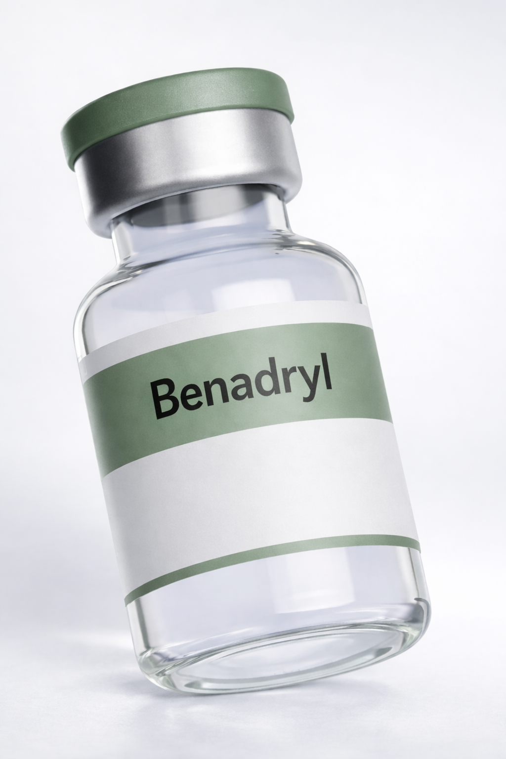 A clear glass bottle with a green cap labeled 'Benadryl' in black text and blank space on the label.