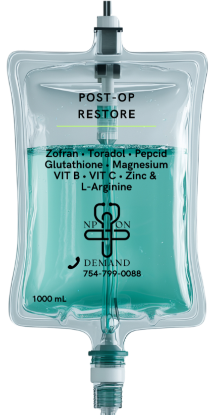 A medical IV bag labeled "Post-Op Restore" containing a blue solution, with ingredients listed such as Zofran, Toradol, Pepcid, Glutathione, Magnesium, VIT B, VIT C, Zinc, and L-Arginine.