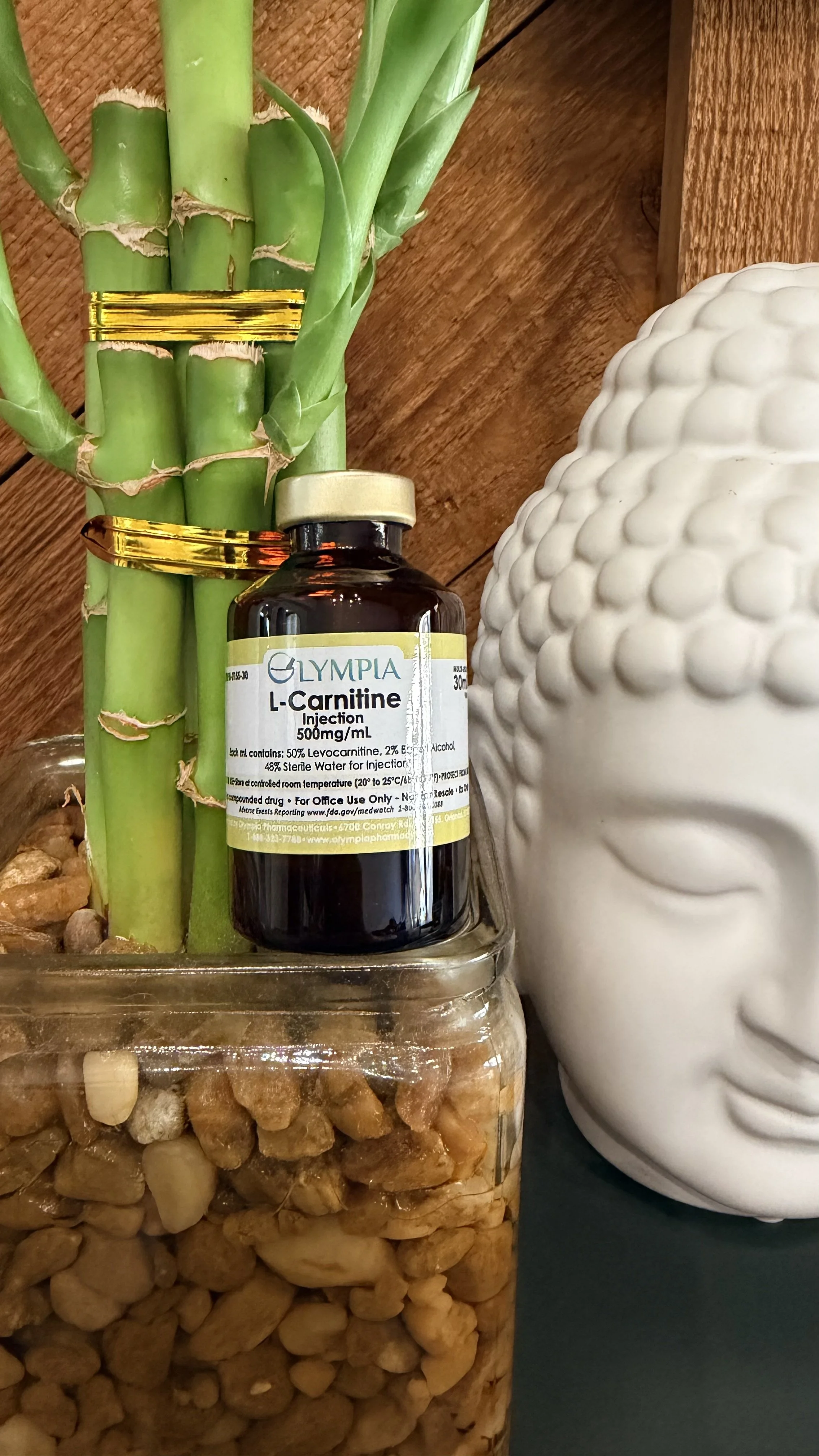 A bottle of Lincolnine L-Carnitine in front of a potted bamboo plant, next to a white ceramic Buddha head sculpture, with a background of wooden paneling.