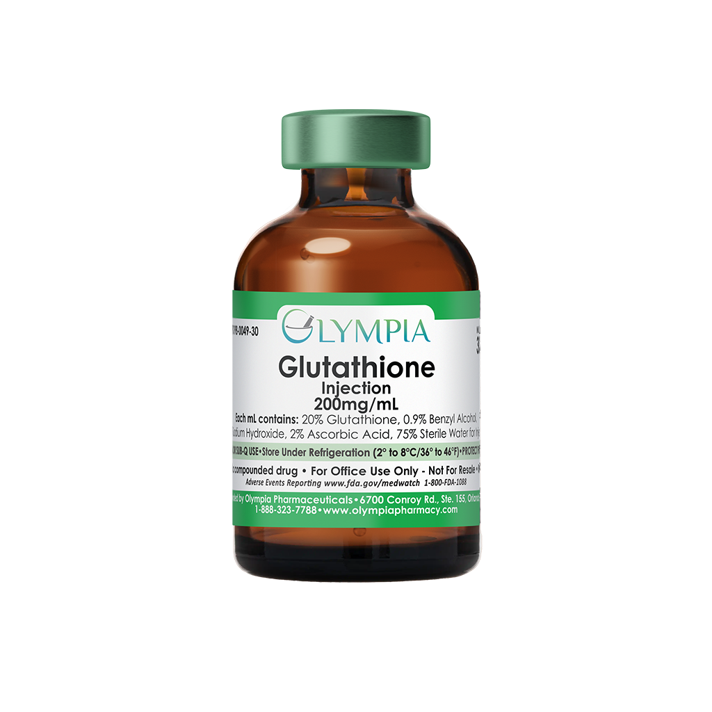 A brown glass vial of Olympia Glutathione 200mg/mL injection medication with a green cap and label, featuring primarily green, white, and black text.