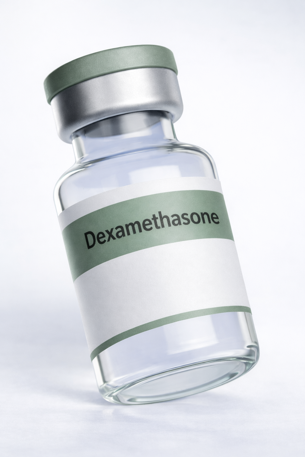A prescription vial labeled Dexamethasone, an anti-inflammatory medication.
