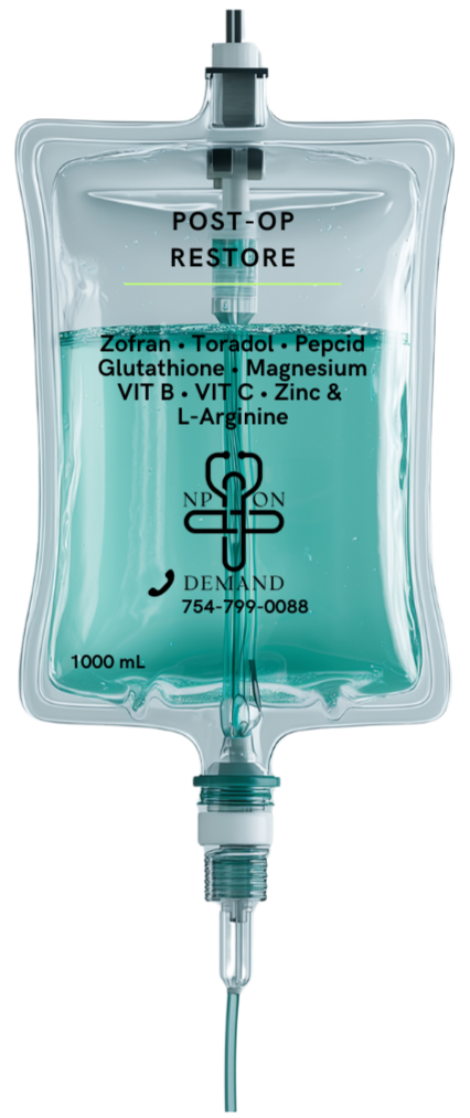 IV drip bag labeled 'Post-Op Restore' containing a blue liquid and listing ingredients such as Zofran, Toradol, Pepcid, Glutathione, Magnesium, vitamins B and C, Zinc, and L-Arginine.