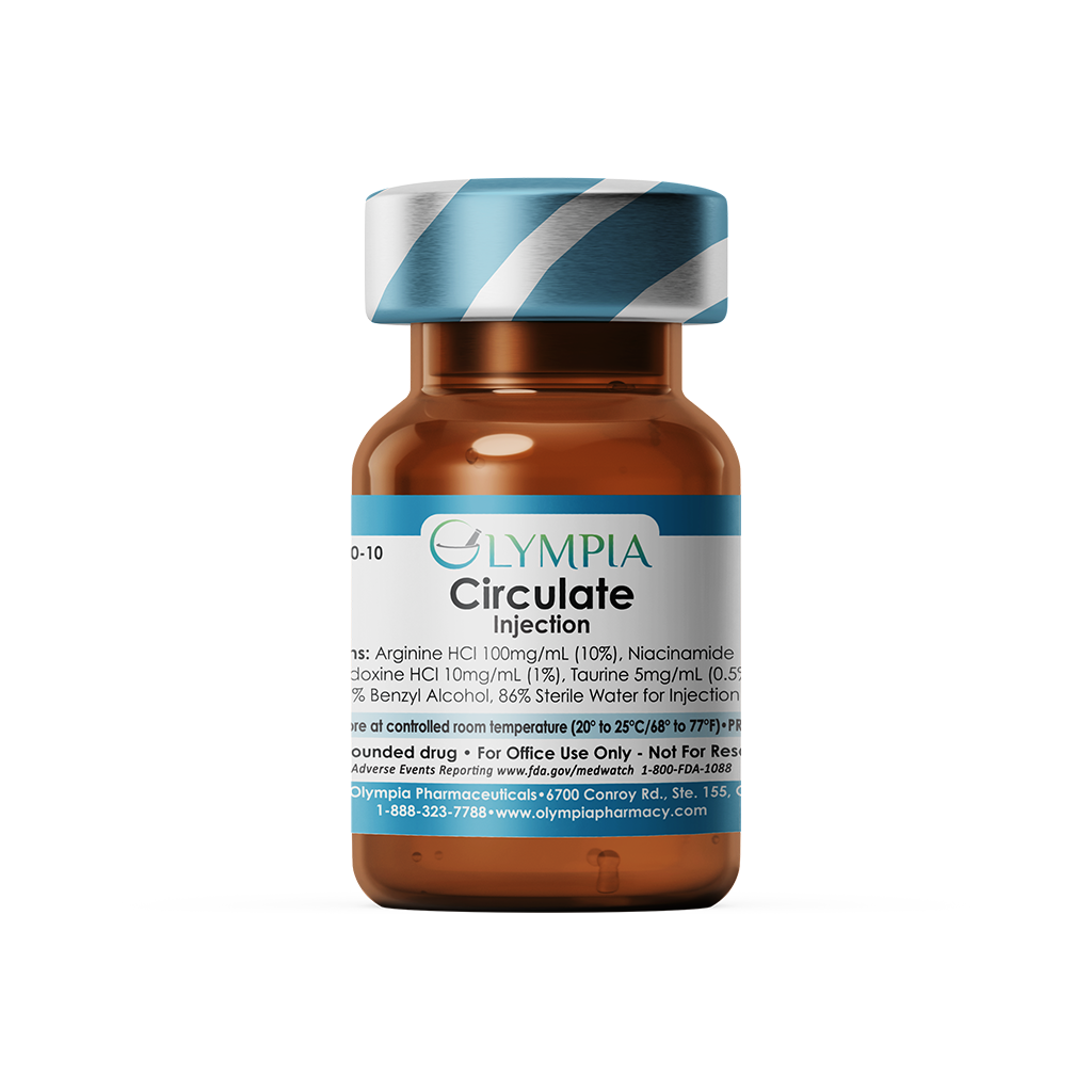 A small brown bottle with a blue and silver cap labeled 'Olympia Circulate Injection.' The label lists ingredients and usage instructions, indicating it is a prescription medication for injection.