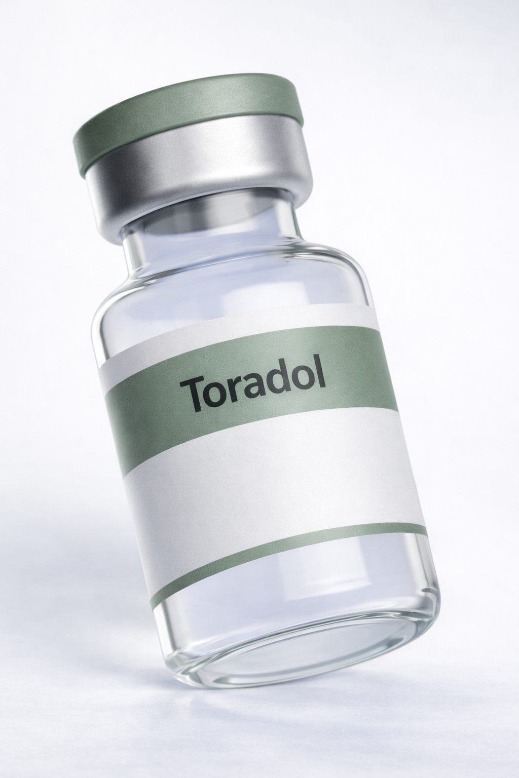 A small glass vial labeled 'Toradol' with a green and silver cap, set against a plain background.