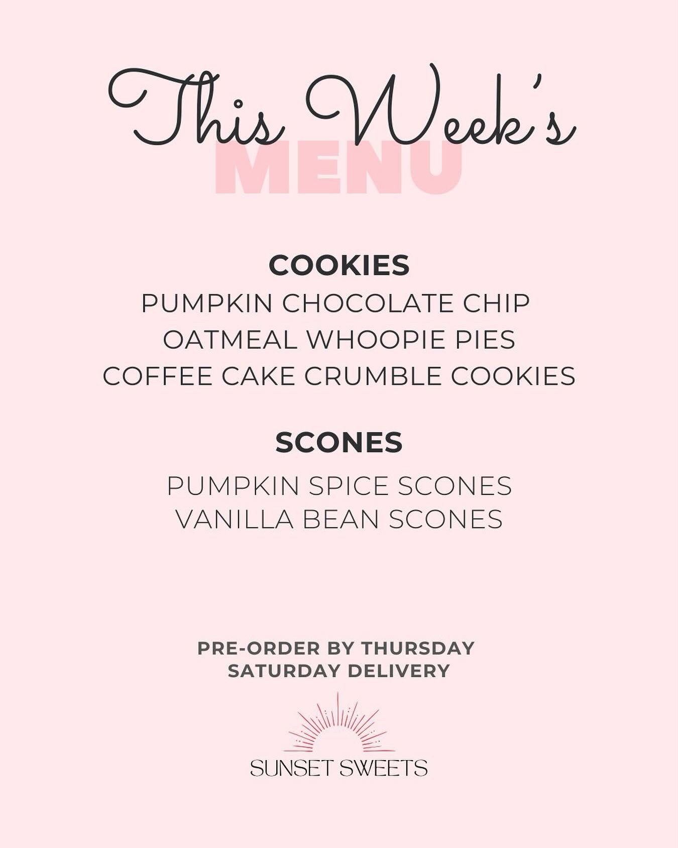 Fall in love with this week's menu! We've crafted delicious treats that capture the cozy spirit of the season. Preorder now until Thursday and wake up to a sweet Saturday delivery! 

#sherwoodoregon sherwoodoregoncookies #vegantreats #plantbaseddesse