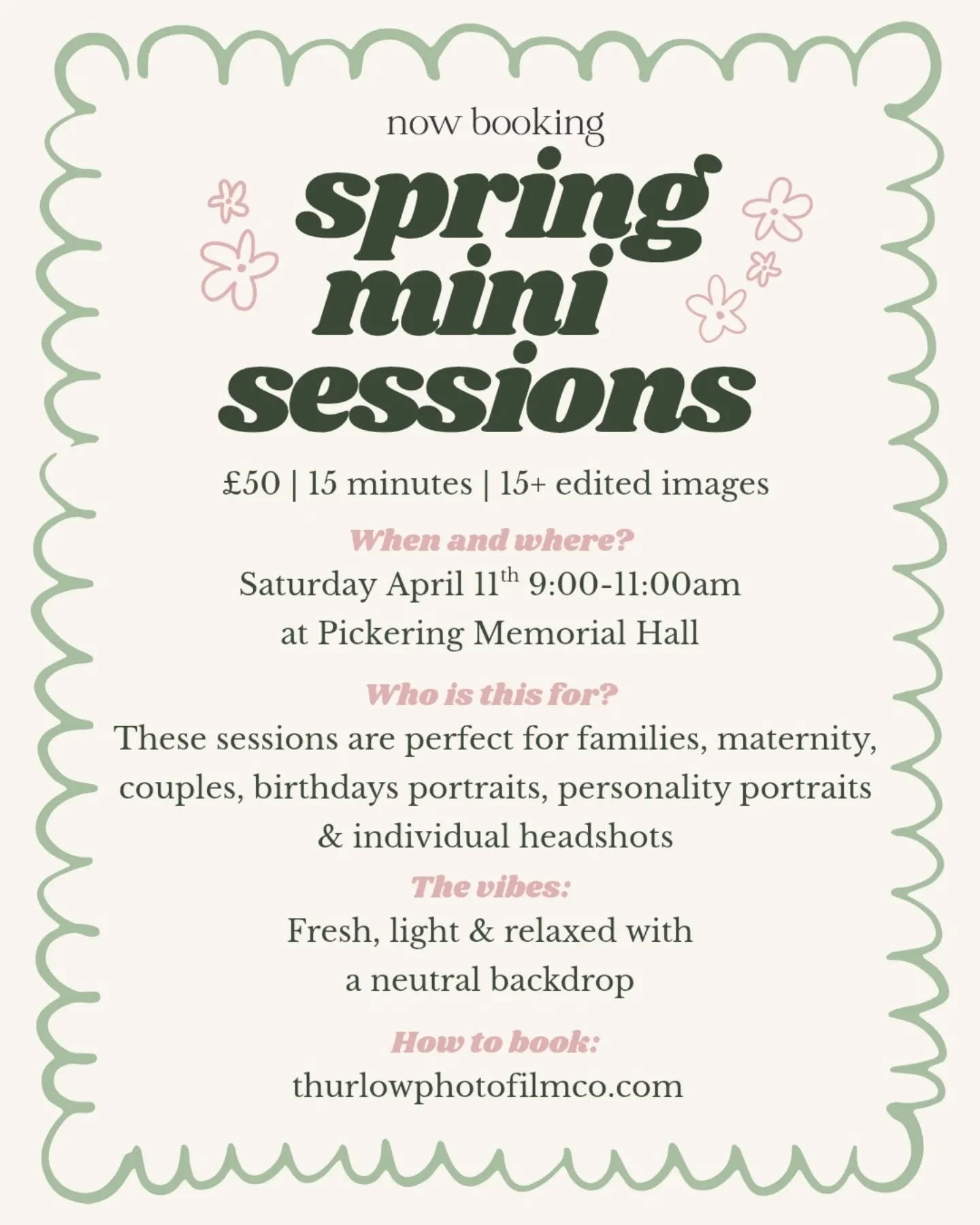 🌷Spring mini sessions are open for booking!

These bite-sized photoshoots make it easy to get the family in front of a camera, just come ready with your smiles 🥰 

&amp; it's open to all types of sessions, not just families! Visit my website to inq