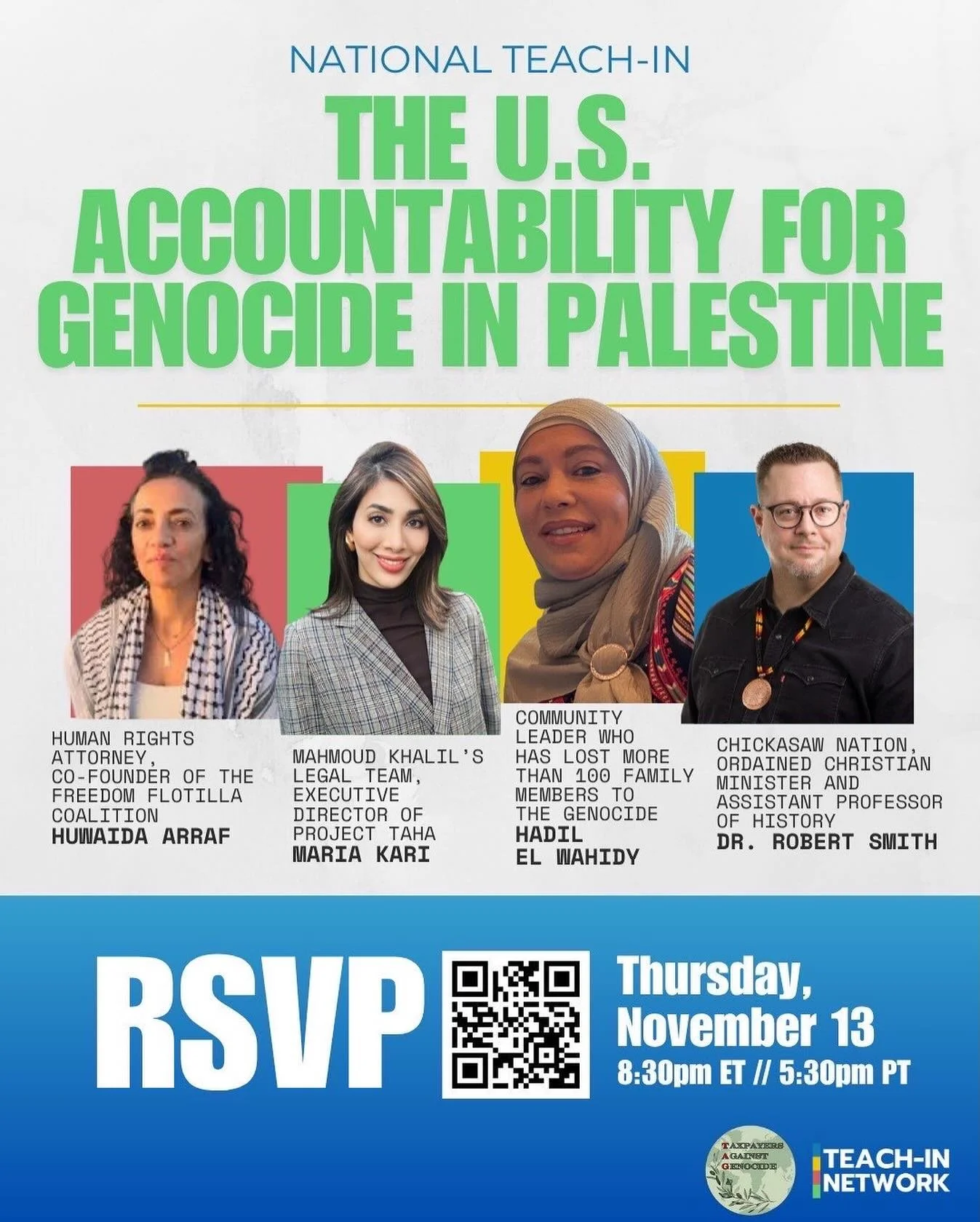 🆂🅰🆅🅴 🆃🅷🅴 🅳🅰🆃🅴

The United States&rsquo; Accountability for Palestine Teach-In
📆Nov. 13 
⏰at 7:30 p.m. CT / 8:30 p.m. ET

Join RootsAction and the Texas chapter of Taxpayers Against Genocide (TAG) for a webinar detailing TAG&rsquo;s histor