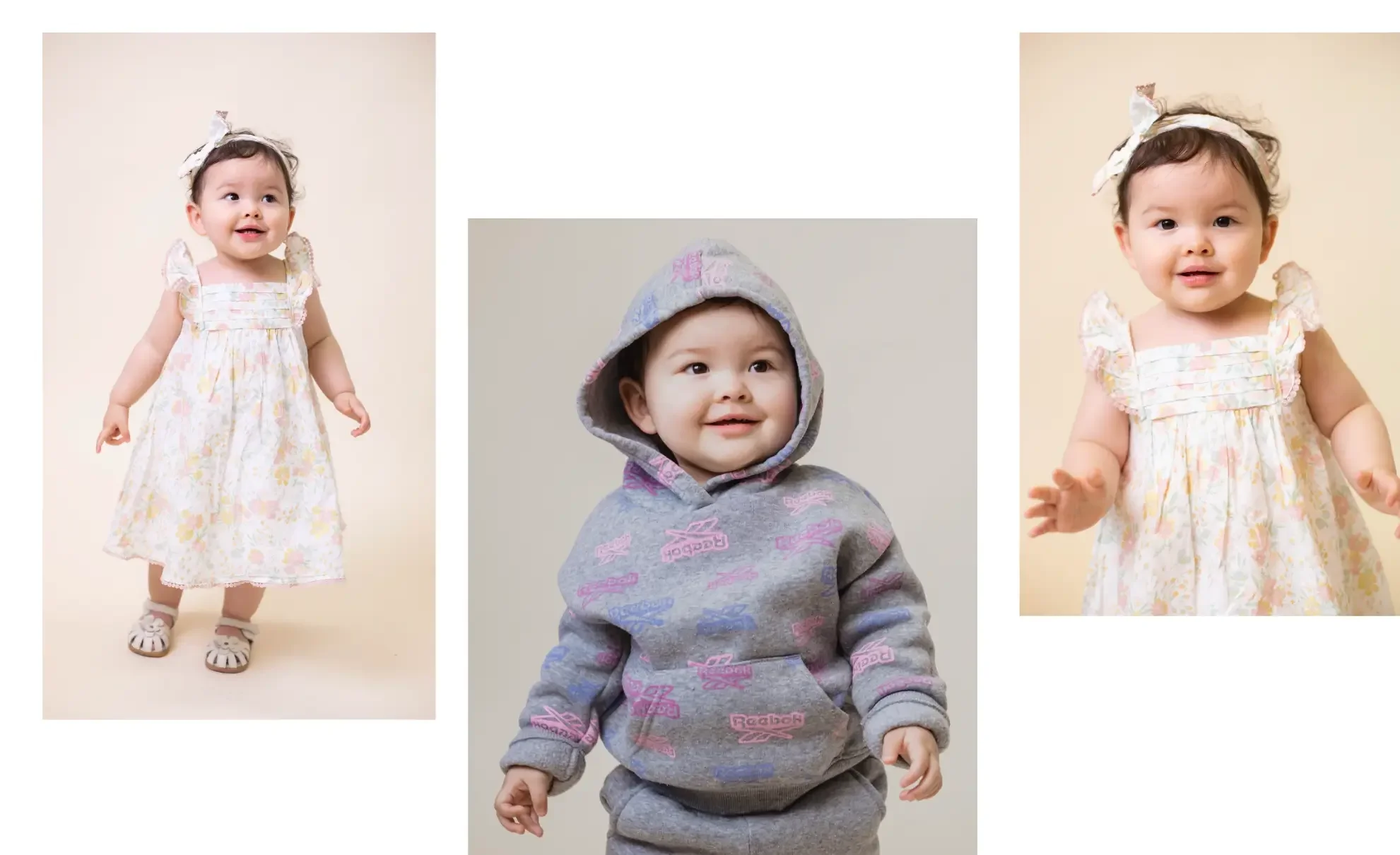 A collage of 3 images showing a baby in a hoodie, displaying various expressions and poses.