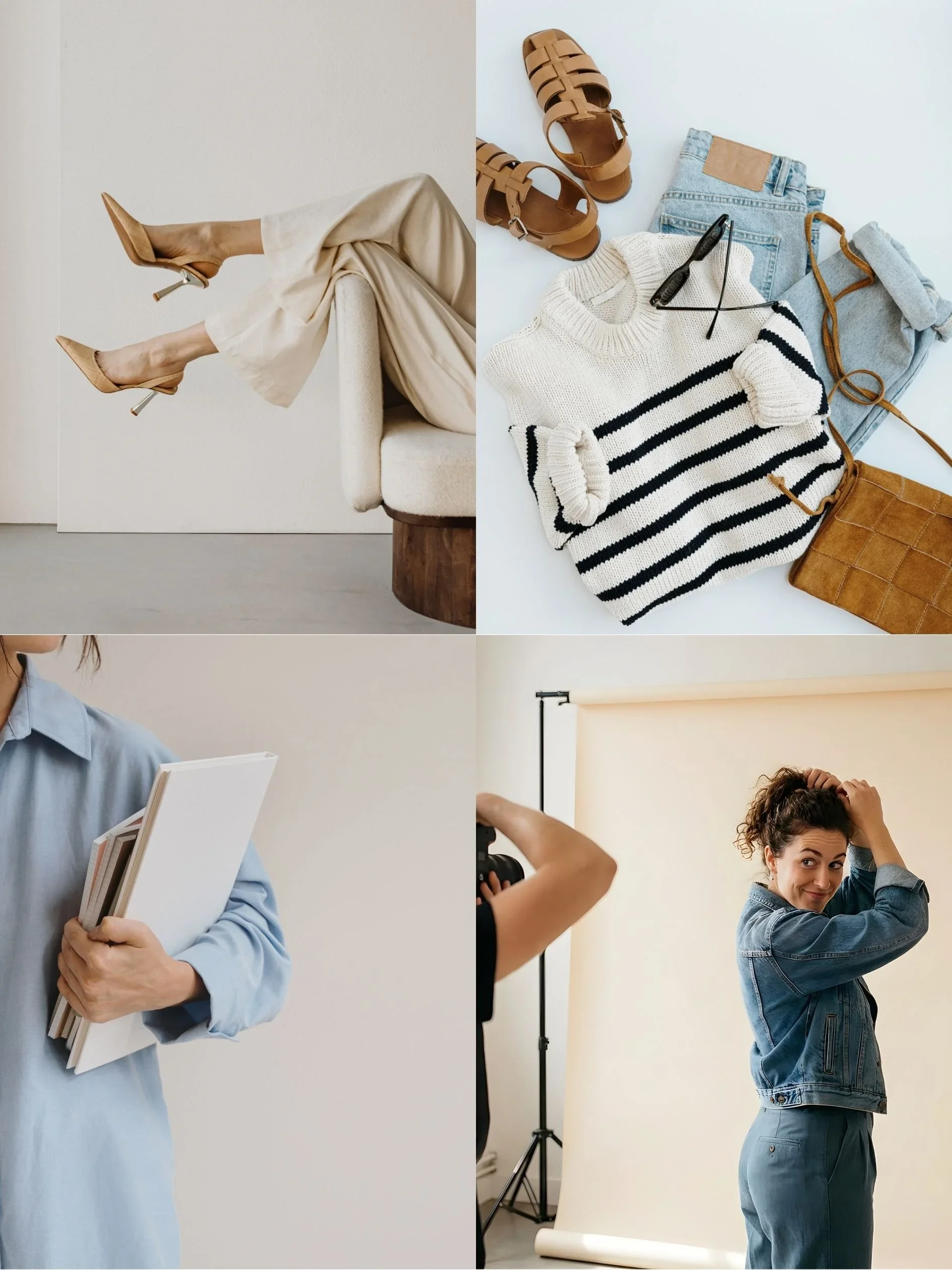 A collage featuring various clothing items, including shirts, pants, dresses, and accessories in diverse styles and colors.