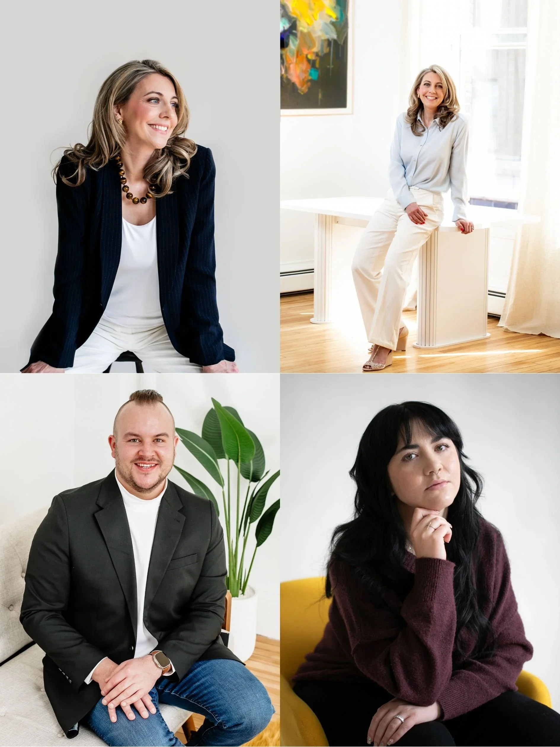 Four images of individuals seated on chairs, each displaying diverse expressions and styles in various settings