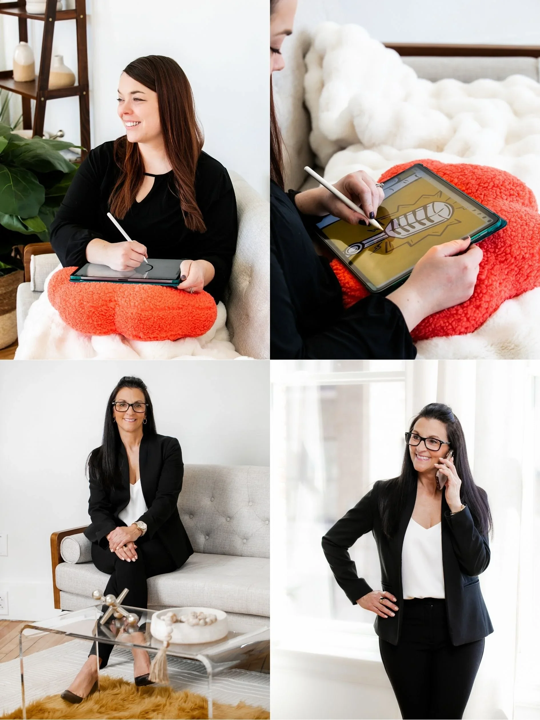 Four women in business attire seated on a couch, engaged in conversation and collaboration in a professional setting.