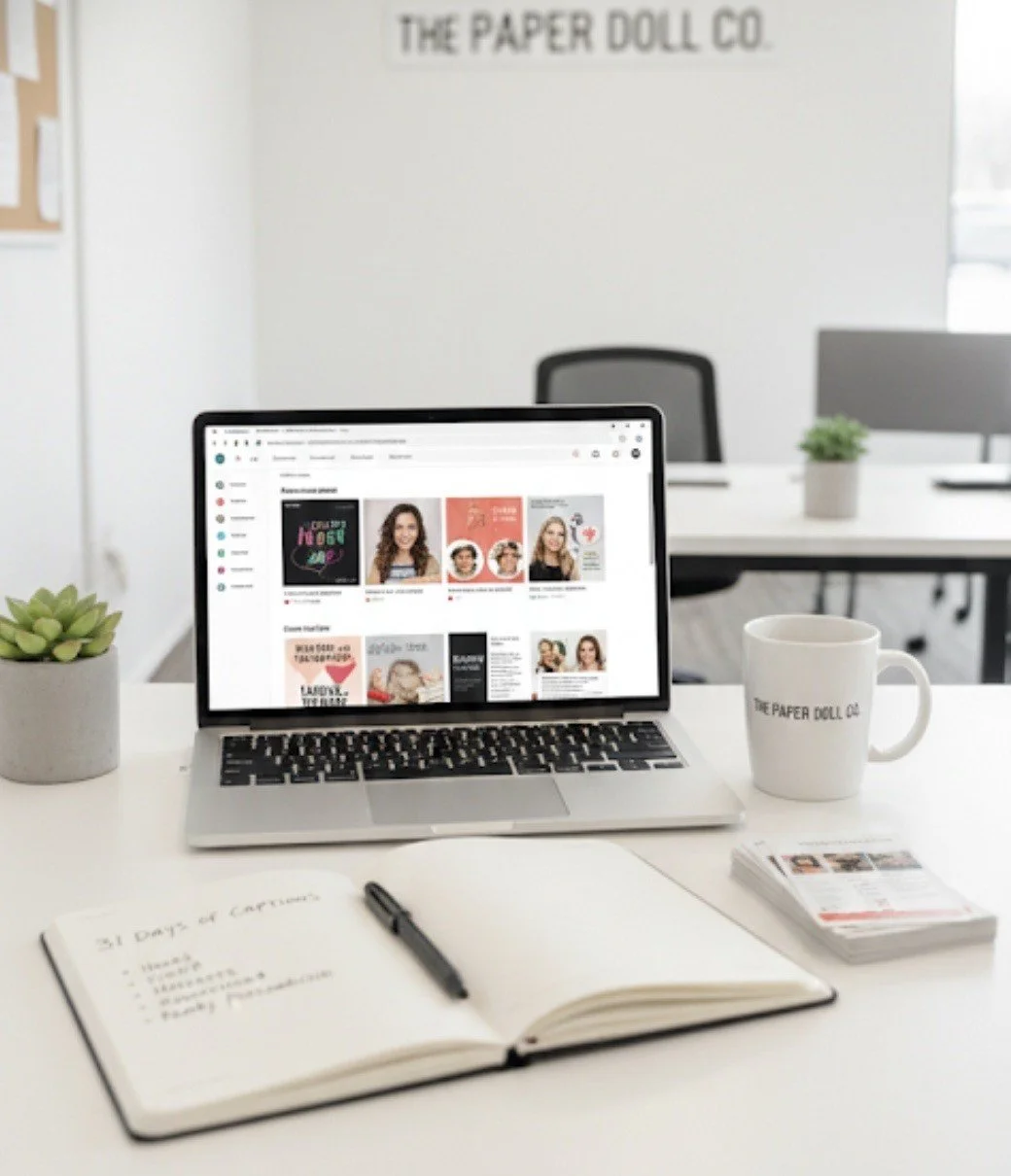 A modern workspace with a laptop displaying a website, a notebook with a pen, a stack of flyers, a white mug with a logo, and a small potted succulent plant on a white desk. In the background, there are two office chairs and a wall with a sign reading "The Paper Doll Co."