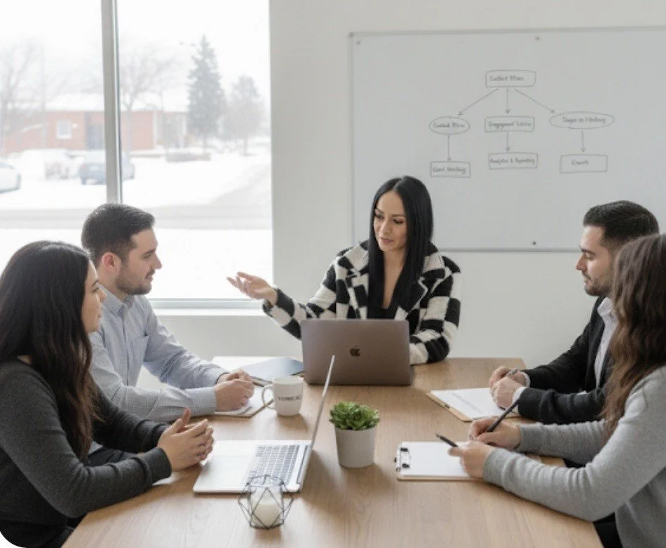 A business meeting with five people in a conference room; one woman is leading the discussion with a laptop, while others listen and take notes, with a whiteboard displaying a flowchart in the background.