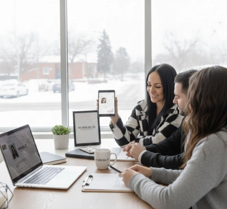 Three people sitting at a table during a meeting, with a laptop, notepad, and coffee mug, in a room with large windows showing snowy weather outside.