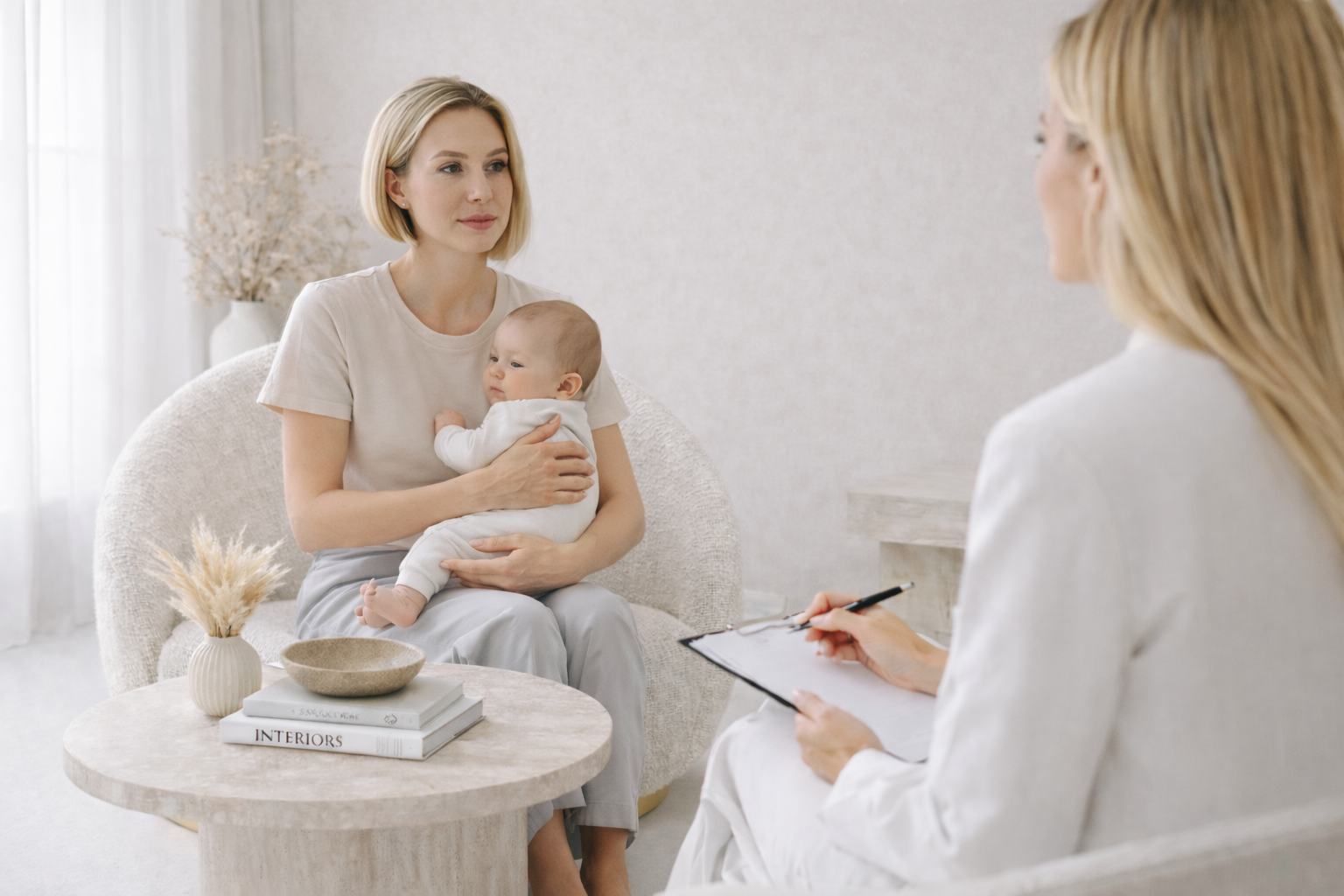 Woman holding a baby during a calm, supportive counselling conversation.