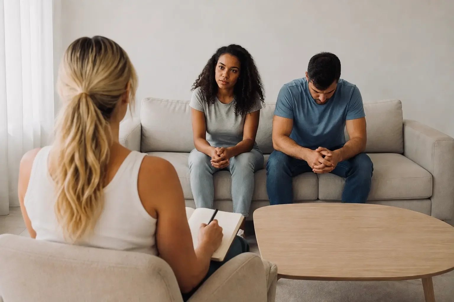 Couple sitting apart while discussing relationship difficulties during counselling