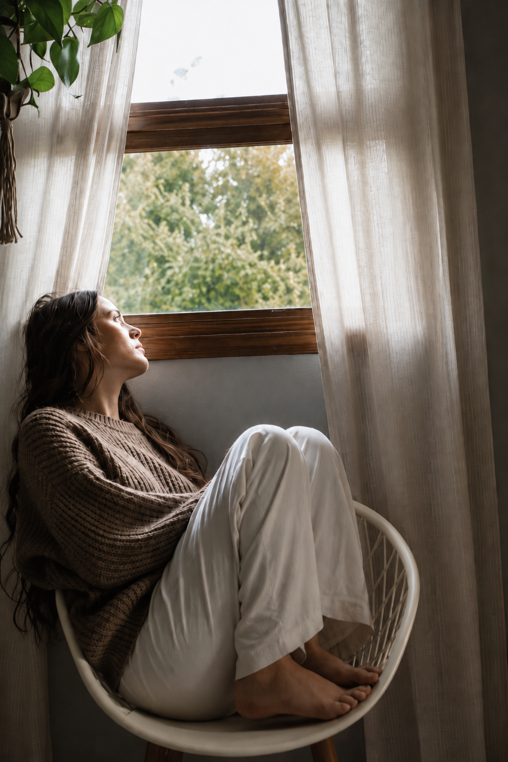 Woman sitting quietly by a window feeling overwhelmed despite appearing to cope.