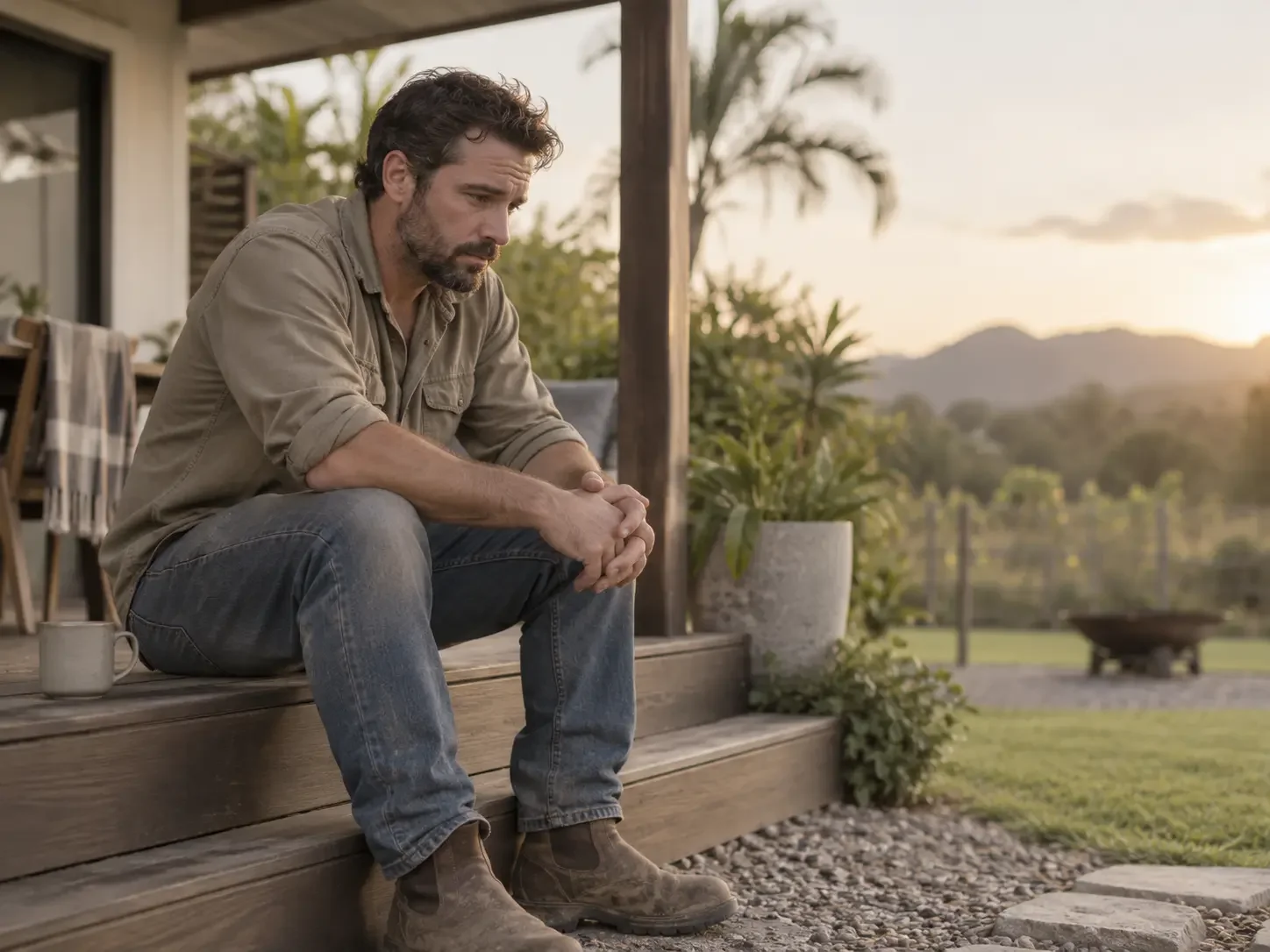 Man sitting alone looking overwhelmed and deep in thought, representing anxiety in men and men’s counselling support.