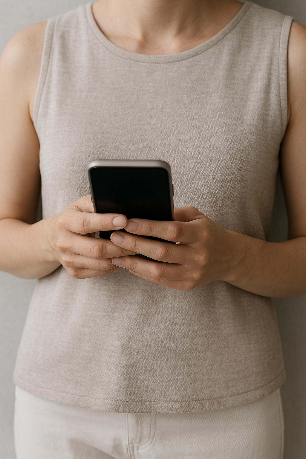 Person wearing a beige sleeveless top holding a smartphone.