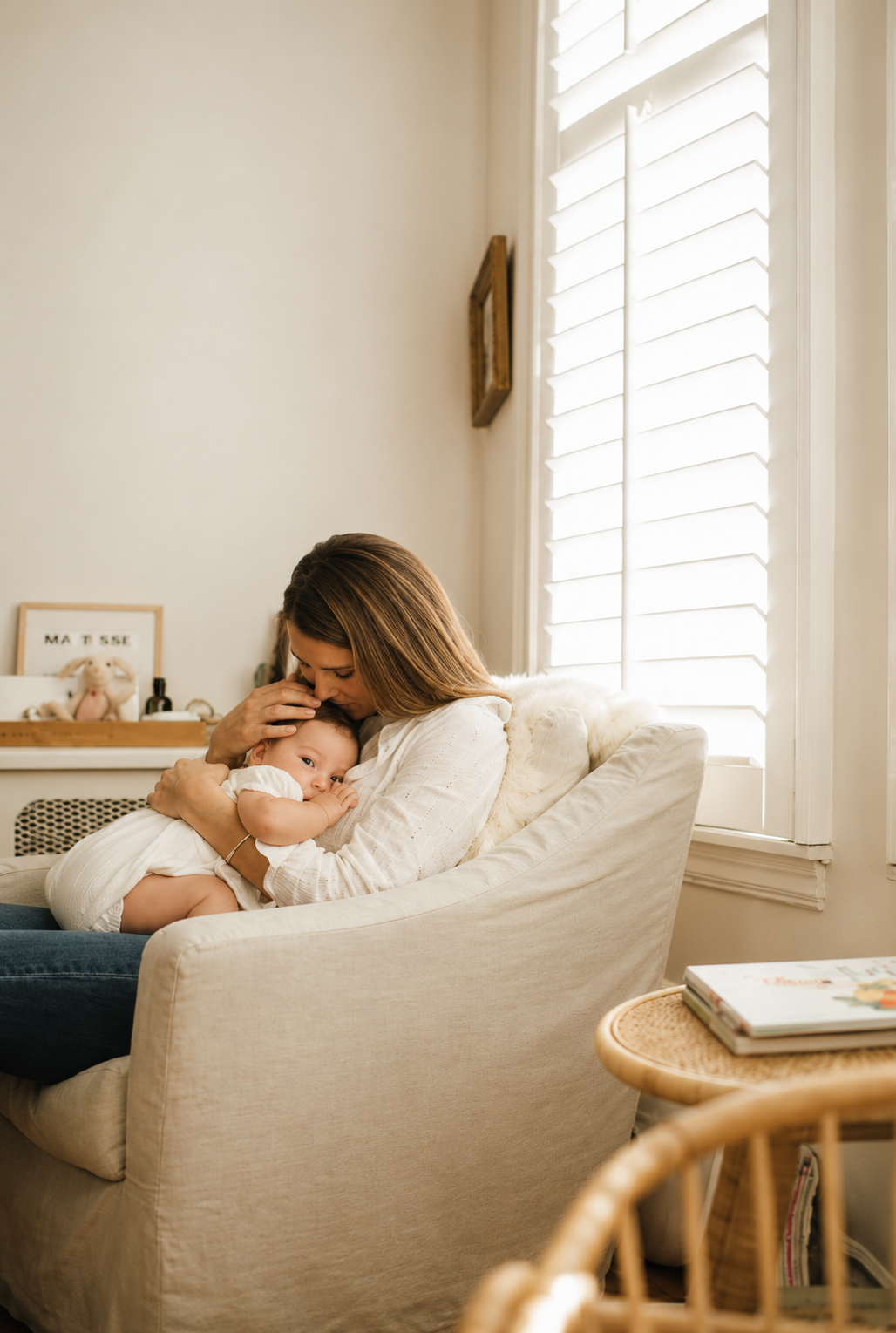 Emotionally overwhelmed mother sitting quietly after carrying the mental load of parenting and daily responsibilities