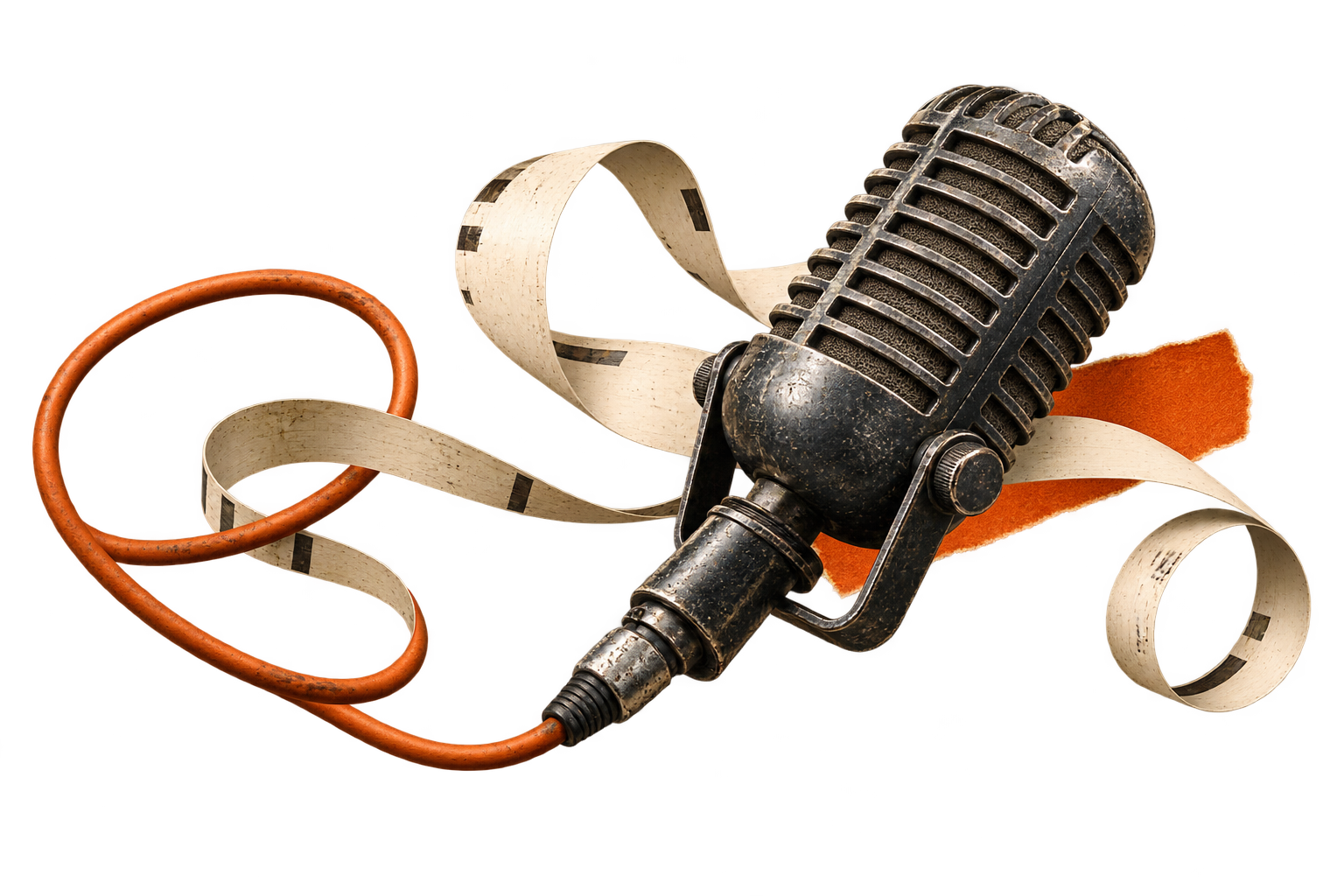A worn broadcast microphone, orange cable and curling analogue tape.