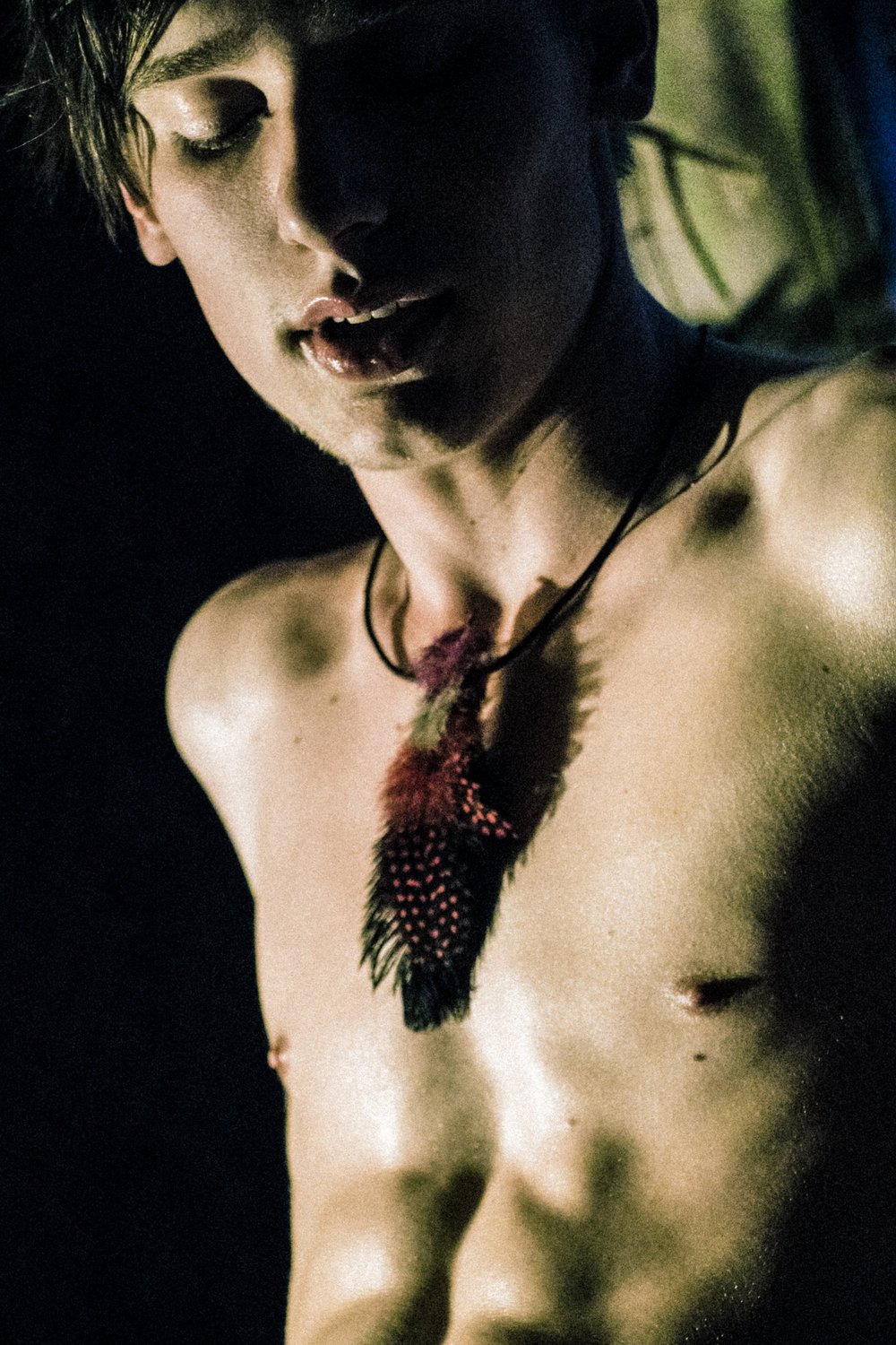 Close-up of a shirtless person with a feather necklace and soft lighting
