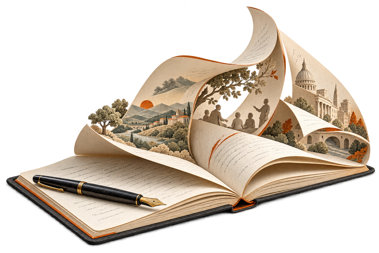 An open writer’s notebook with turning pages revealing landscapes, people and civic architecture.