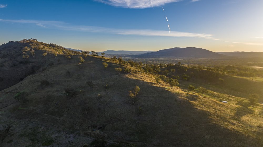Aerial view of a mountainous landscape during sunrise, featuring rolling hills, sparse trees, and clear skies.