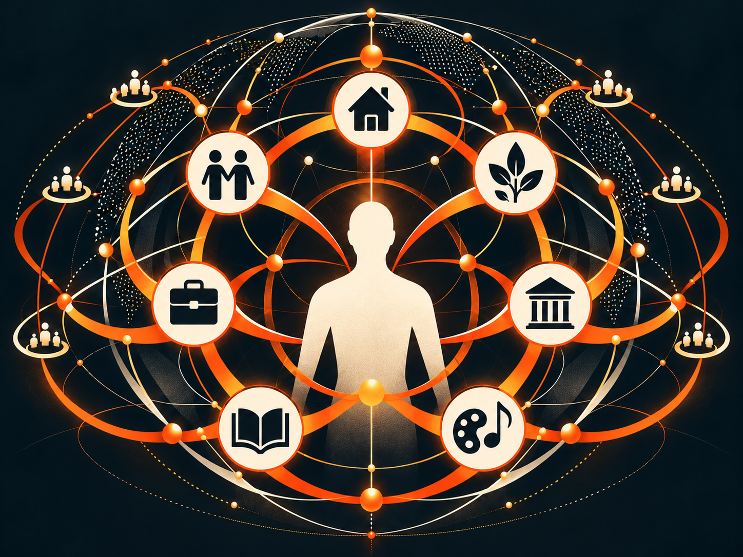 A human figure surrounded by interconnected symbols of home, relationships, environment, work, institutions, learning and culture.