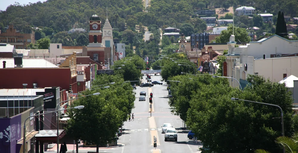 An elevated view down a town street
