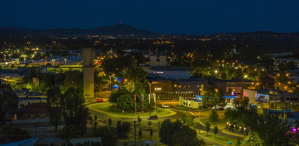A town illuminated after dark