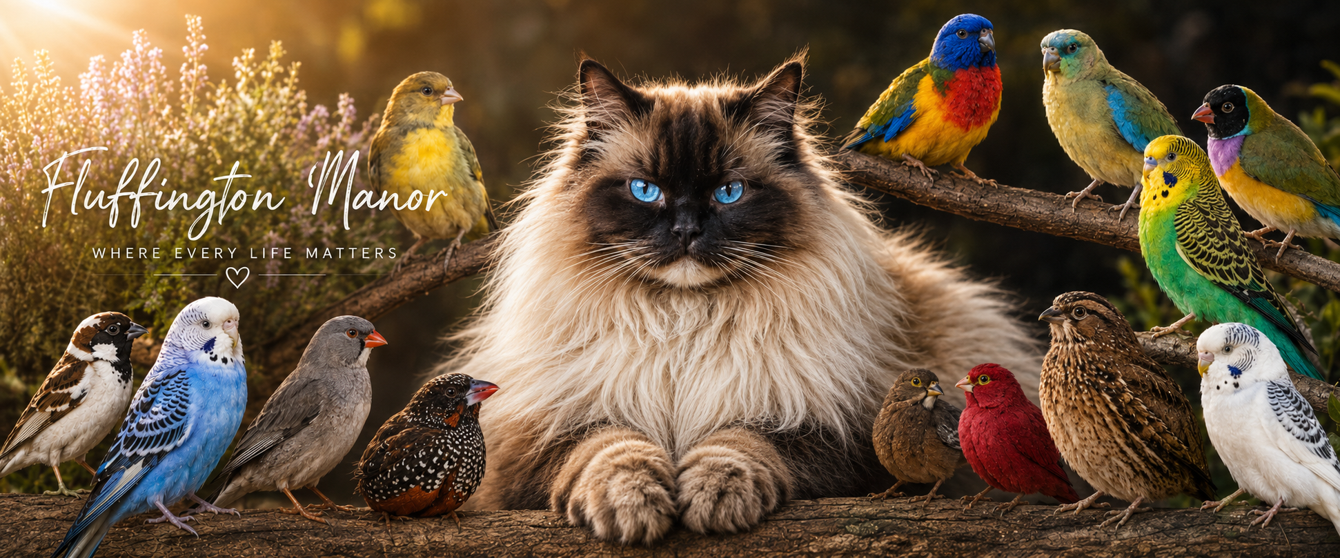 Fluffington Manor artwork featuring a blue-eyed Ragdoll cat surrounded by colourful birds, with the words ‘Where every life matters’.
