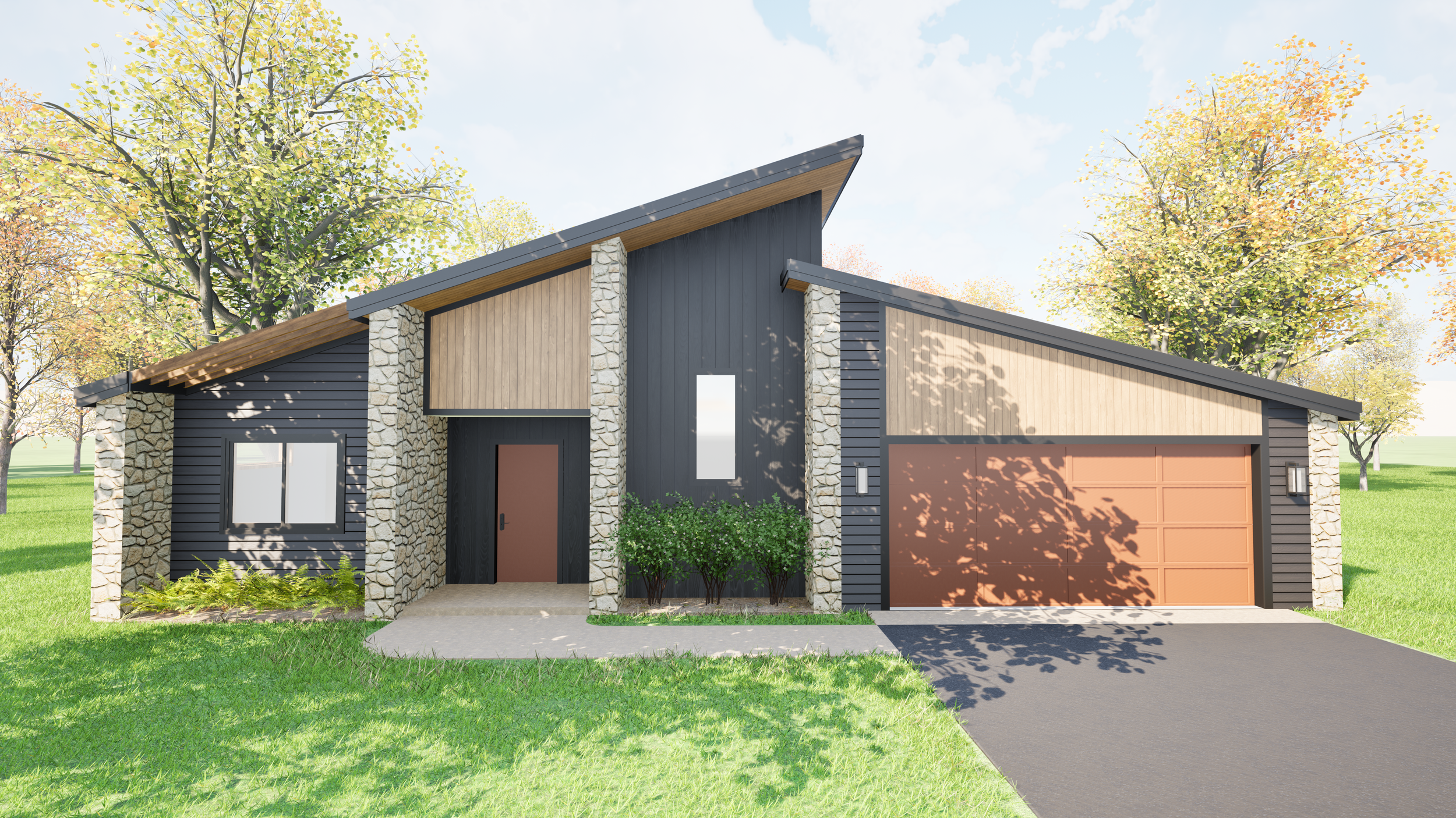 Modern house with a sloped roof, black siding, stone accents, and an attached garage with a brown door, surrounded by green grass and trees with autumn leaves.