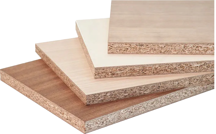 Stack of five different types of plywood sheets with varying wood grain and color.