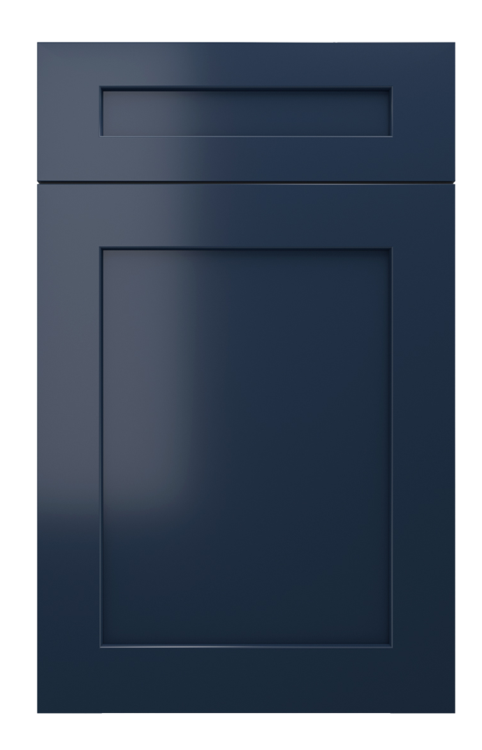 A dark blue cabinet with a horizontal slot at the top and a large rectangular door below.