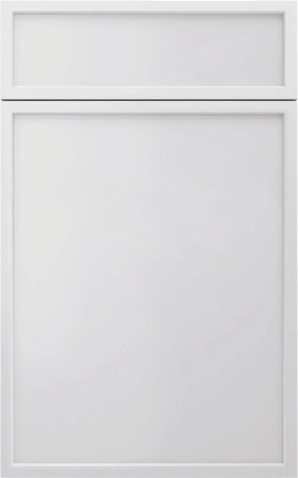 White cabinet with a small drawer on top and a larger door below.