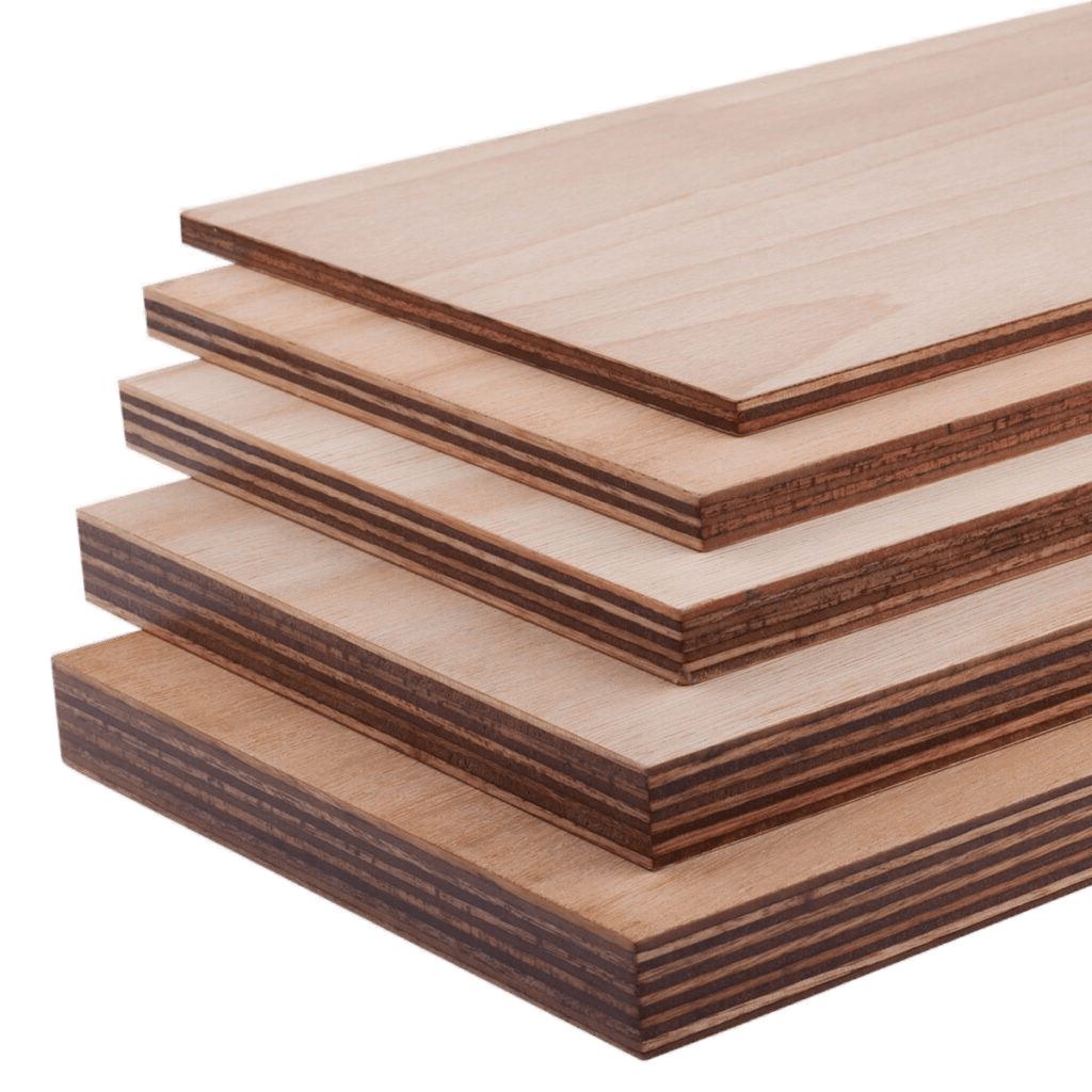 Stack of six plywood sheets with varying wood grain patterns and shades.