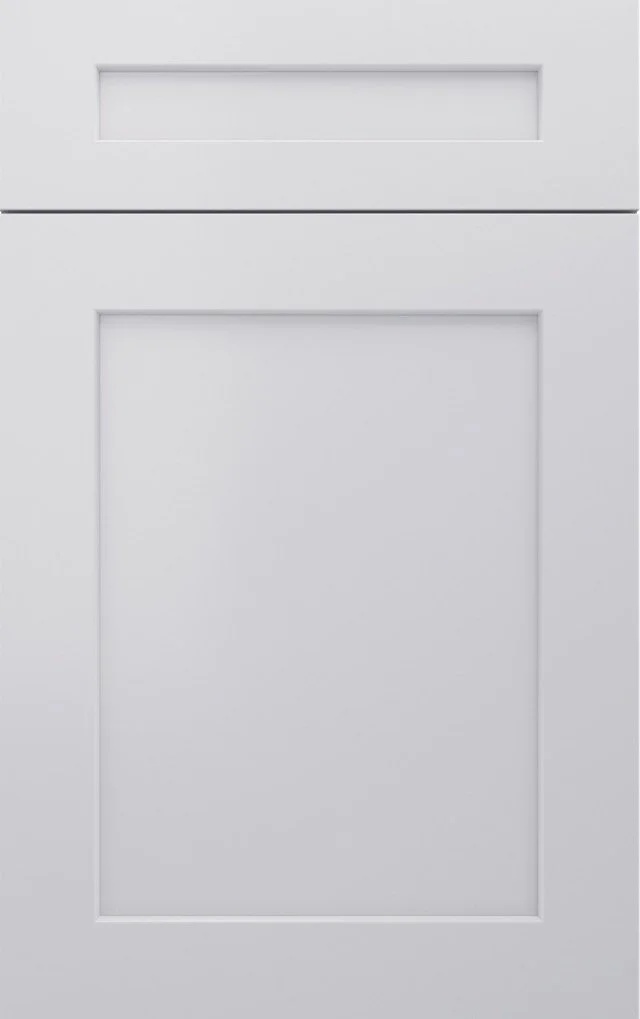 Close-up of a white cabinet door with a rectangular handle and inset panel.