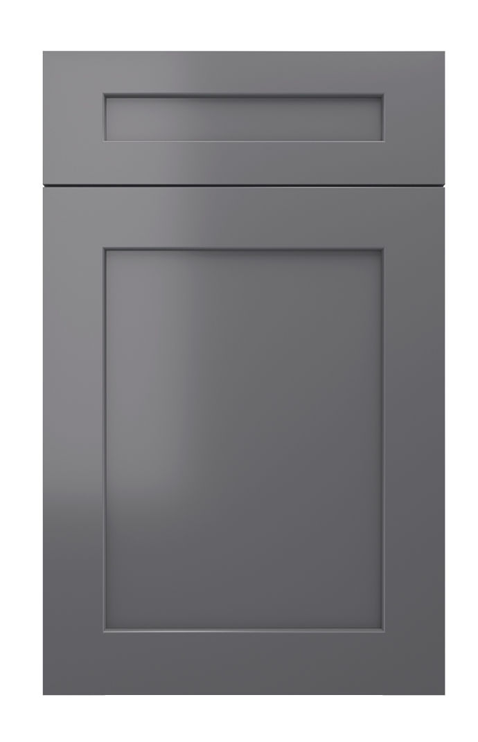 A gray kitchen cabinet door with a horizontal drawer at the top and a larger door below, both with recessed panels.