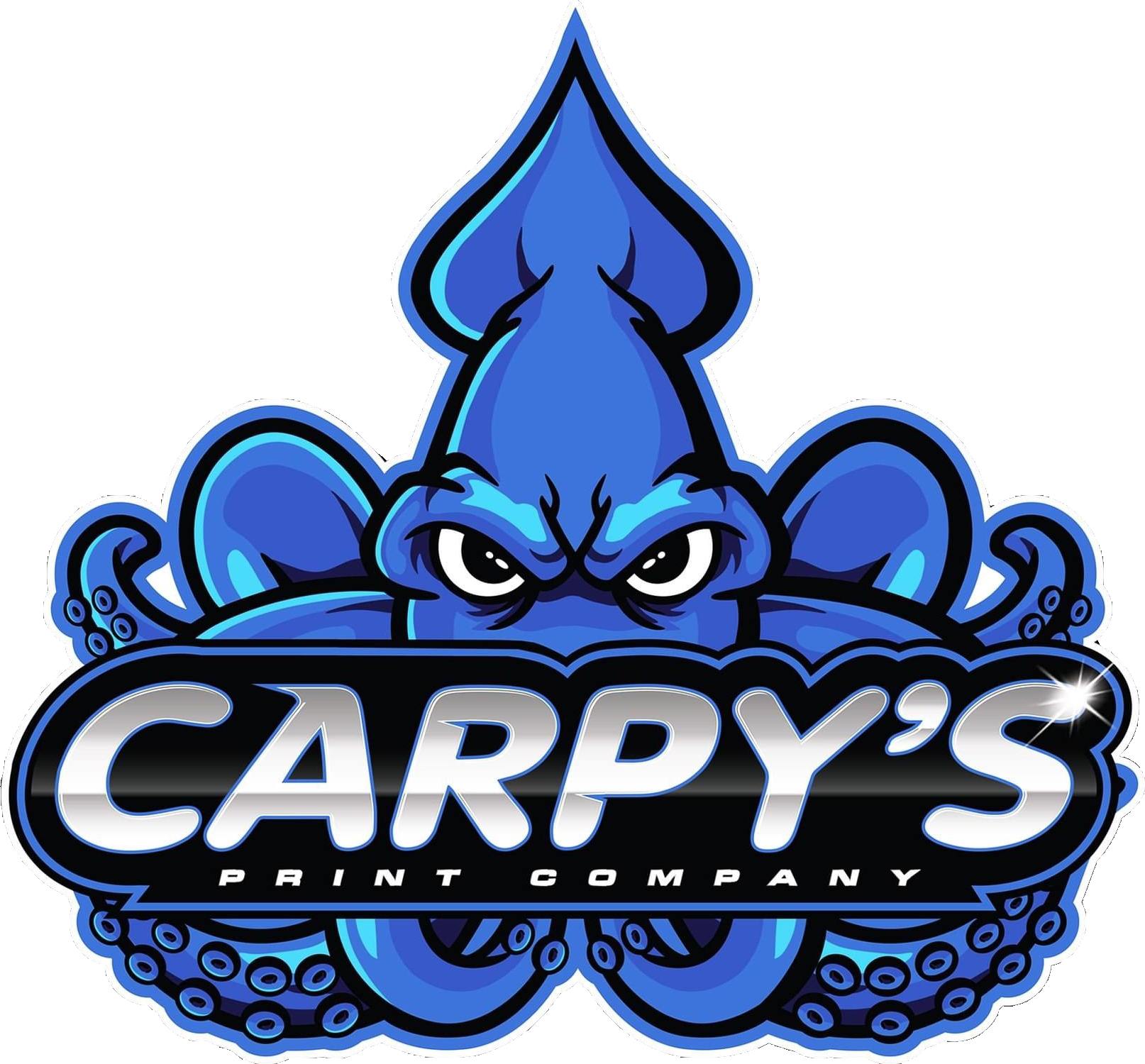 A stylized blue octopus with an angry expression behind the text 'Carpy's Print Company' in metallic silver and black font.