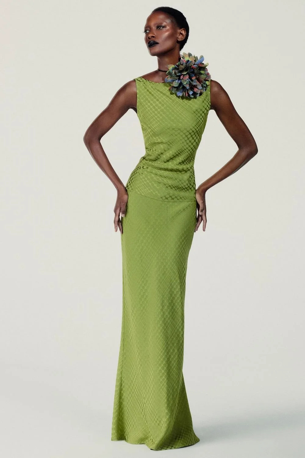 Christopher John Rogers Fall 2026 lime-green gown with floral brooch