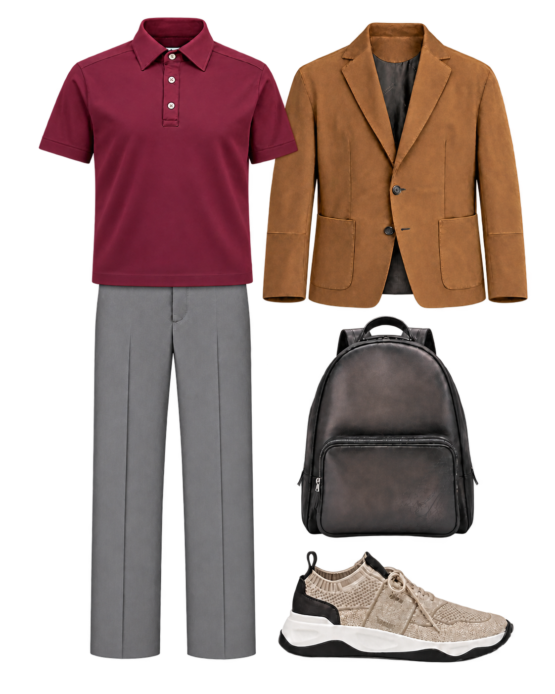 Burgundy Kiton polo above straight gray Kiton trousers, suede Kiton jacket alongside, Berluti Scritto backpack and beige sneakers