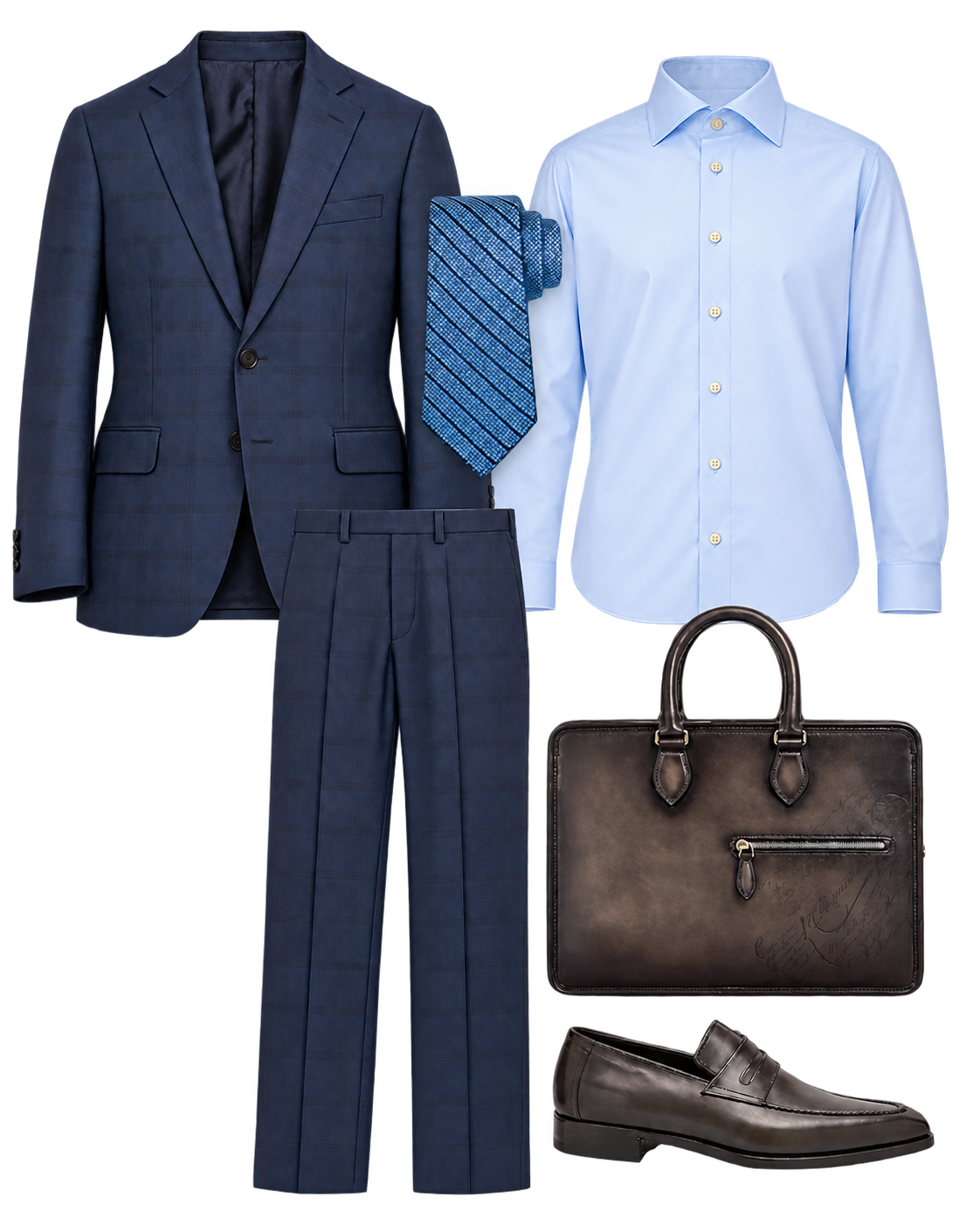 Navy ISAIA suit with separate jacket and trousers, light blue Kiton shirt, blue tie, Berluti loafers and Scritto briefcase