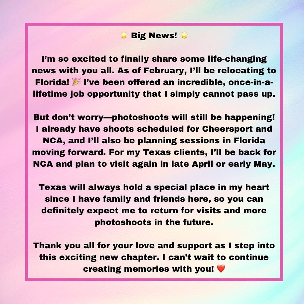 🌟 Big News! 🌟

I&rsquo;m so excited to finally share some life-changing news with you all. As of February, I&rsquo;ll be relocating to Florida! 🎉 I&rsquo;ve been offered an incredible, once-in-a-lifetime job opportunity that I simply cannot pass u