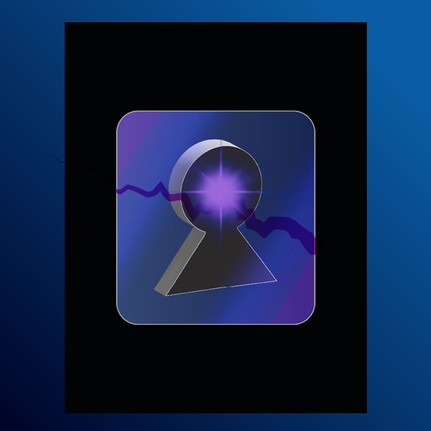 Icon of a keyhole surrounded by purple lightning and a glowing purple star in the center, on a dark background.