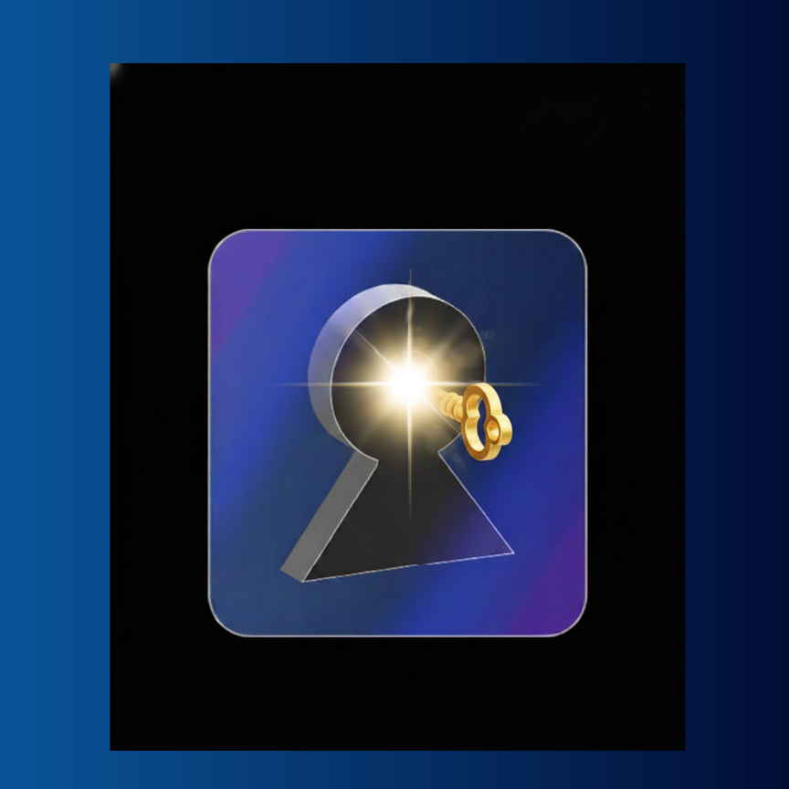 A digital illustration of a keyhole with a small gold key inserted, glowing with a bright light behind it, on a purple and blue background with rounded edges.