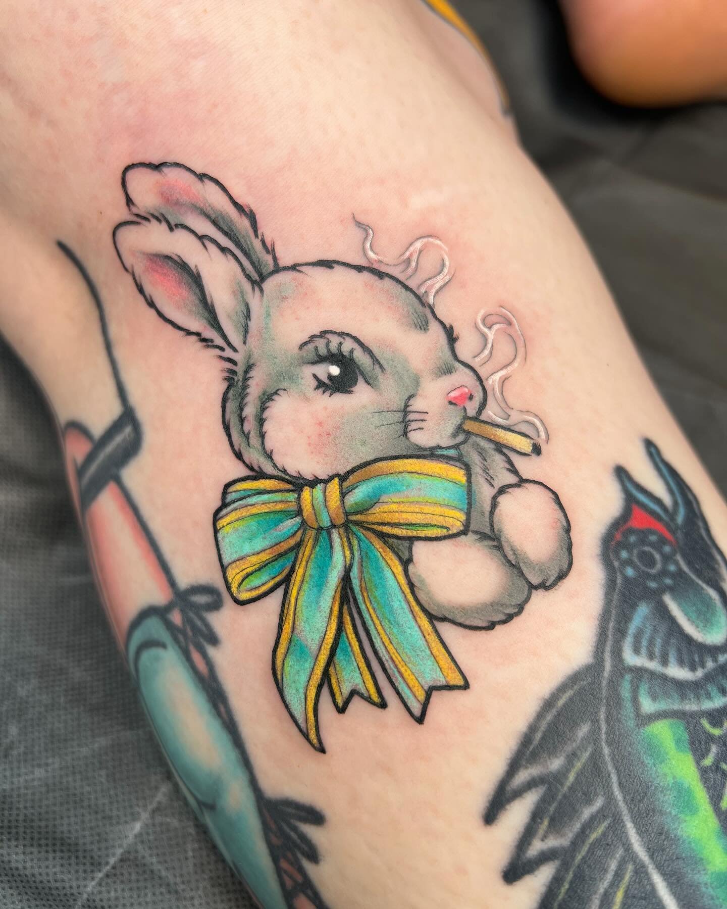 Just a cute lil guy 🐇 from my 420 flash 🌱 ty ty ty @veronicakoplan 🫶🏻 
.
.
.
#ladytattooers #aztattooers #phoenixtattooers #tattoosnob #420 #420tattoos #weedtattoos #cannabis #marijuana #eastertattoos
