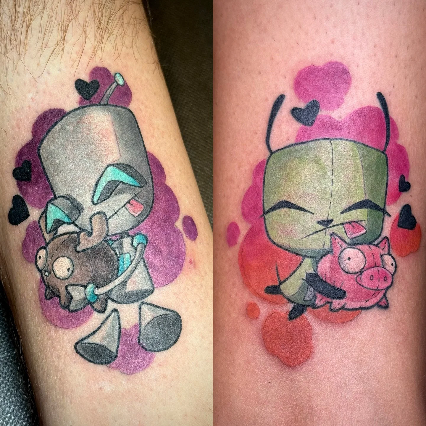 A couple of cute Gir bois today for Justin and Destanie 💜💚🧡 thanks guys! 
.
.
.
#invaderzim #gir #invaderzimtattoo #girtattoo #nickelodeon #ladytattooers #aztattooers #phoenixtattooers #tattoosnob #phoenixtattooartist #phoenix